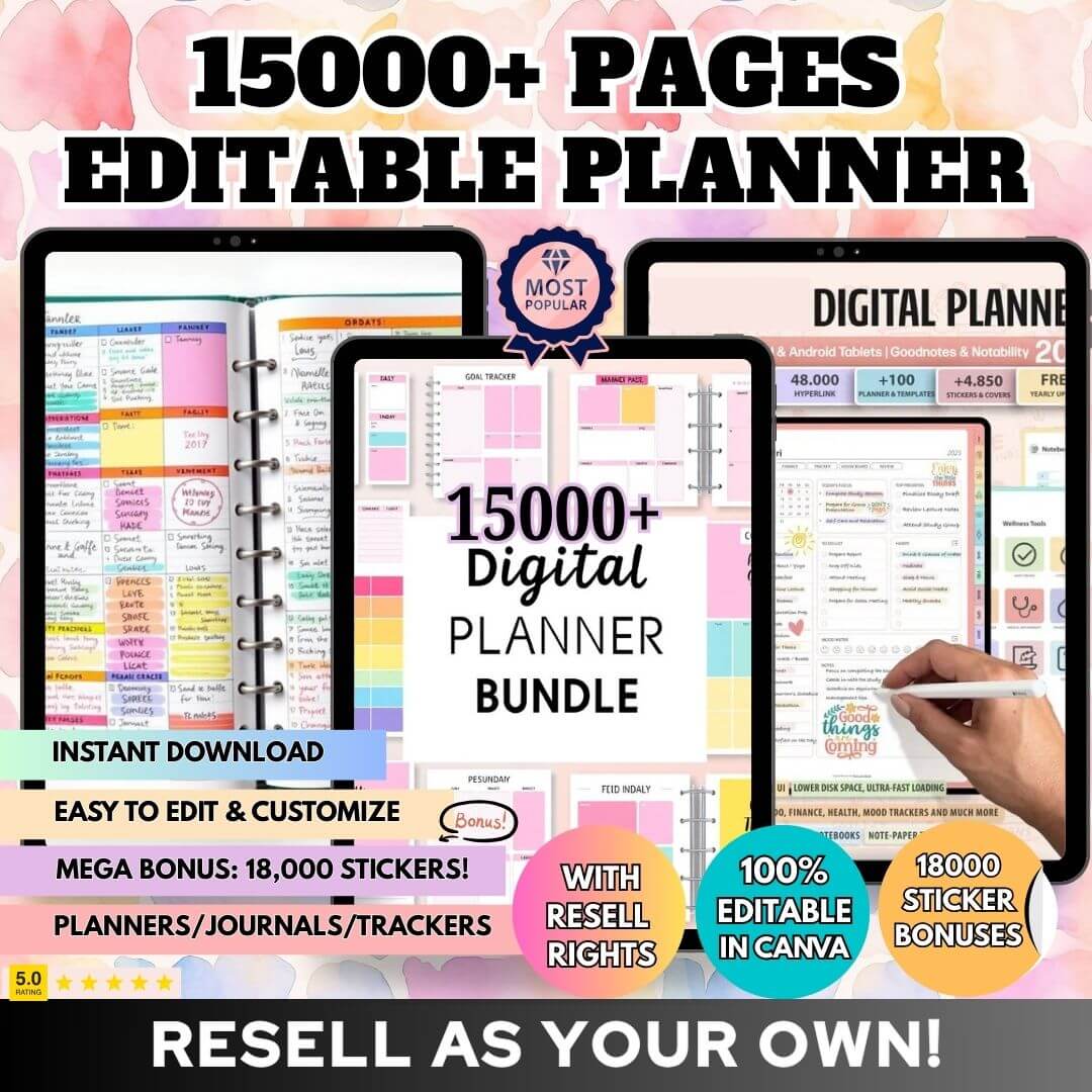 15,000+ Pages PLR Planners, Journals, Trackers + 8,000 Bonus Digital Stickers! | Mega Template Bundle with Resell Rights (Limited-Time Offer!)
